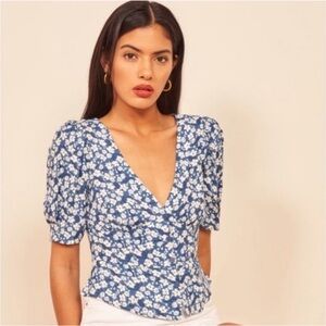 Reformation Blue and White Floral Blouse